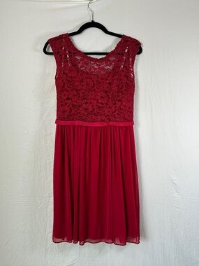 David's Bridal Red Lace Bodice Chiffon Midi Dress